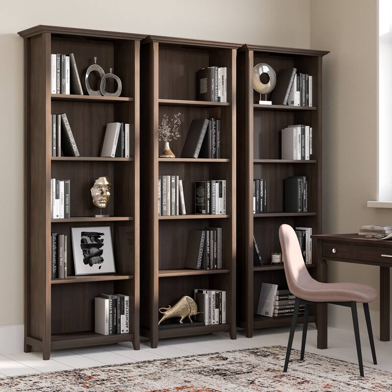 WYNDENHALL Normandy SOLID WOOD 72 x 26 inch Transitional 5 Shelf Bookcase - 14" D x 26" W x 72" H - Brunette Brown
