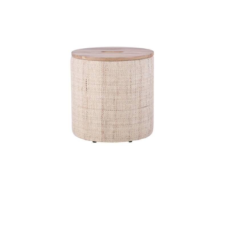 Handwoven Storage Ottoman with Rounded Wooden Top Lid - Solid Wood Frame, Hidden Storage Compartment