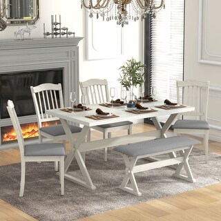 6-Piece Rustic Dining Table Chairs Set for 6, Wooden Trestle Dining Table & 4 Upholstered Chairs ...