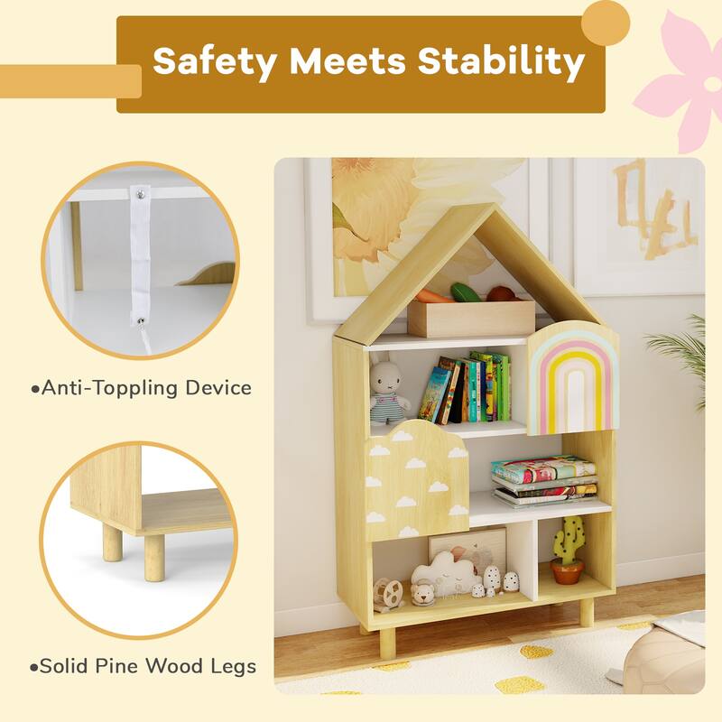 Gymax House-Shaped Kids Bookshelf 4-Tier Toy Storage Organizer w/ Open