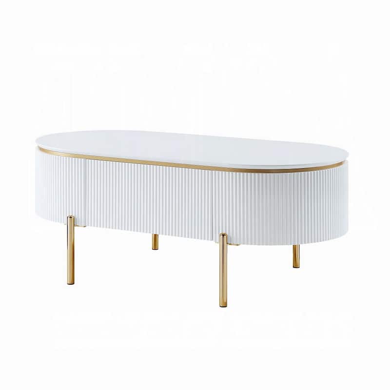 Tyce Oval Coffee Table with Drawer, 47 Inch, Glossy White, Gold Metal