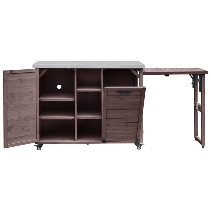 78.3" Outdoor Kitchen Island with Foldable Grill Table, Wooden Cart with Trash Storage & Stainless Steel Top for Lawn & Garden