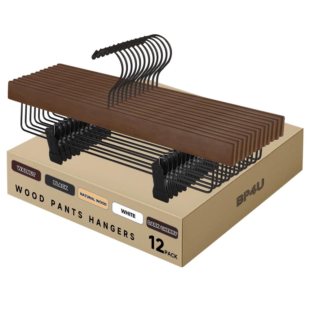 BP4U Premium Wooden Pants Hangers with Adjustable Clips, Solid Wood Skirt Hangers for Jeans, Slacks, Dresses