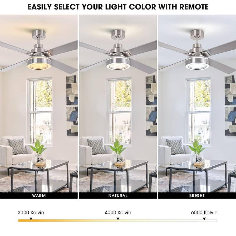 52" Brushed Nickel 4-Blades Smart Ceiling Fan with Dimmable LED Light and Remote