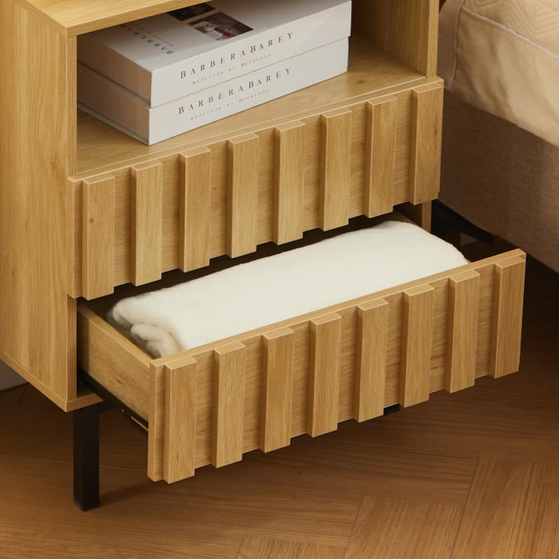 Mid Century Woodgrain Nightstand Pair 2 Drawers Bedside Table