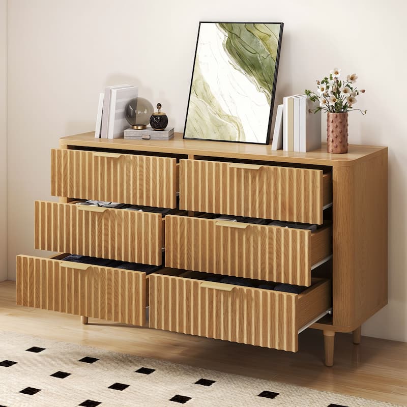 6 Drawer Wood Dresser with Wave Fluted Panel Storage Organizer for Bedroom