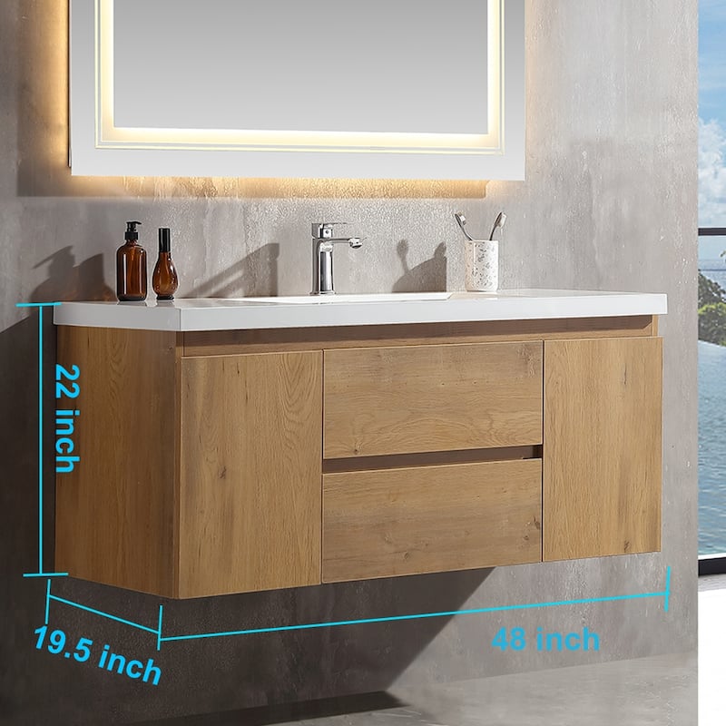 Floating Bathroom Vanity 24"-48" – Smoked Oak Finish, White Integrated Sink