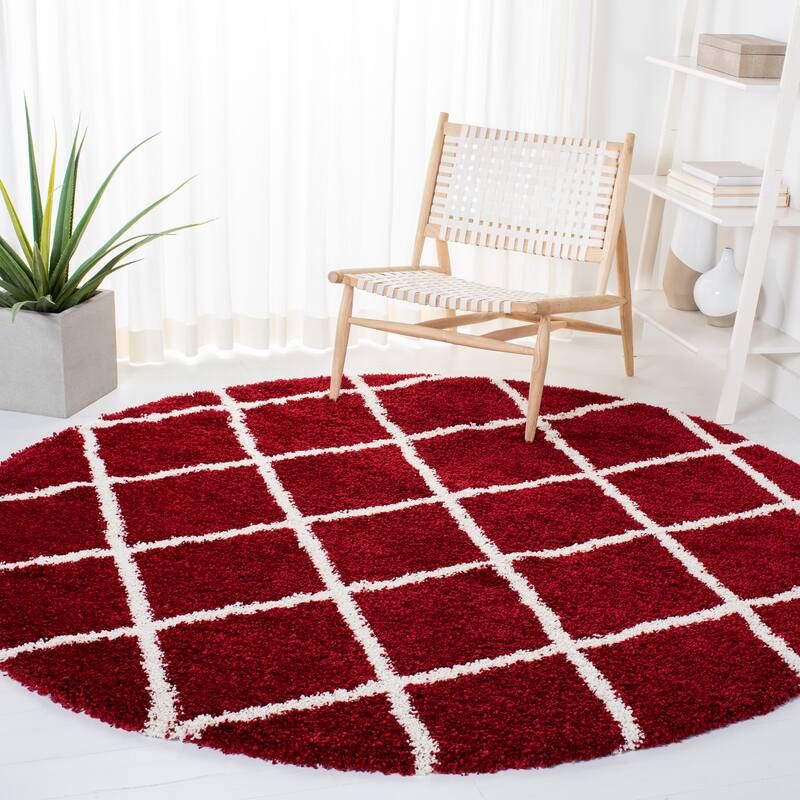SAFAVIEH Hudson Shag Sherree Trellis 2-inch Thick Rug - 7' Round - Red/Ivory