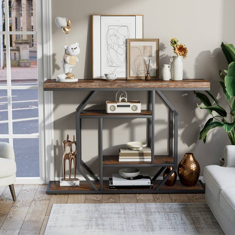 Console Table Industrial 4-Tier Entryway Table Narrow Wood Accent Tables with Storage Shelves for Living Room, Hallway, Foyer