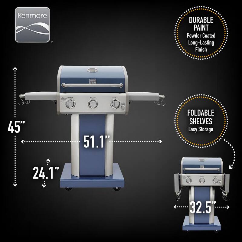 Kenmore 3-Burner Propane Gas Grill with Foldable Side Shelves