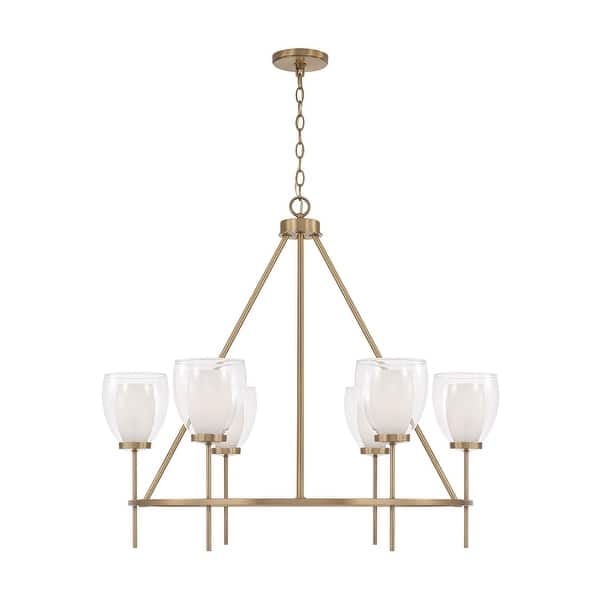 slide 2 of 3, 35" W x 31" H 6-Light Ring Chandelier in Aged Brass with Layered White and Clear Glass - 34.5"W x 31"H 34.5"W x 31"H - Matte Brass