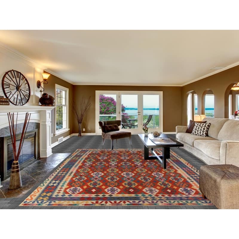 All-Over Geometric Kilim Oriental Area Rug Hand-Woven Wool Carpet - 8'5"x 11'11"