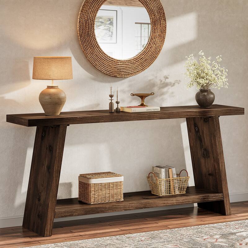70.9" Solid Wood Console Table 2-tier Narrow Long Sofa Table - Dark Brown