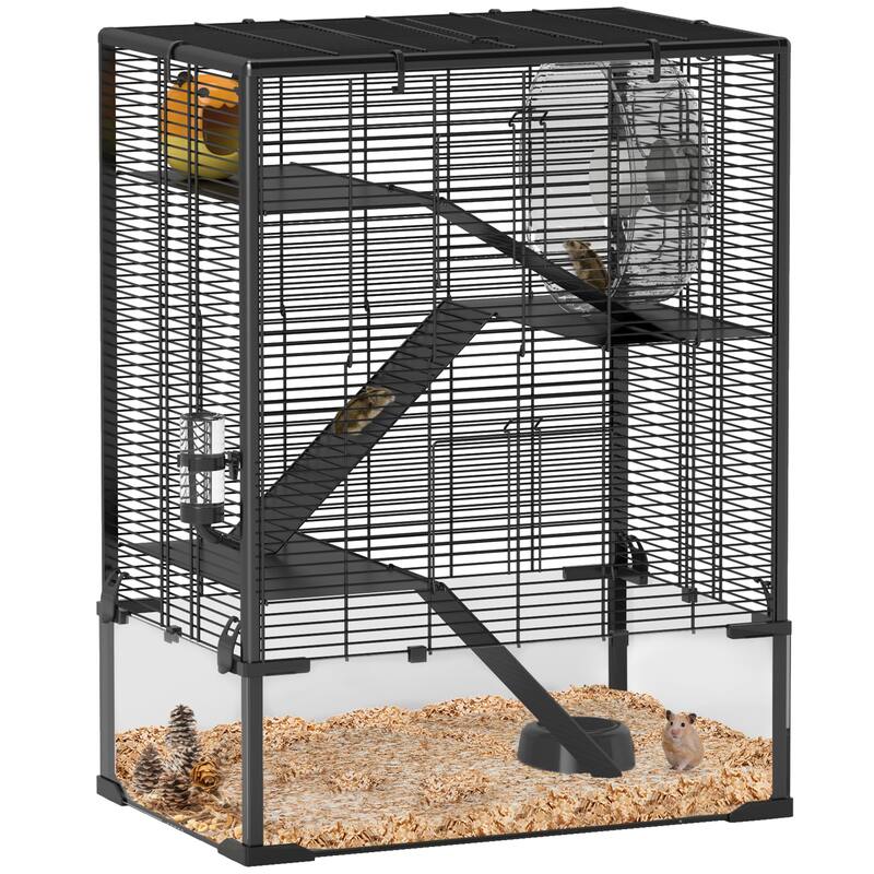 PawHut Large Hamster Cage with Deep Tempered Glass Bottom, 4 Tiers Hamster Tank with Running Wheel, Hut, Water Bottle, Black - Black