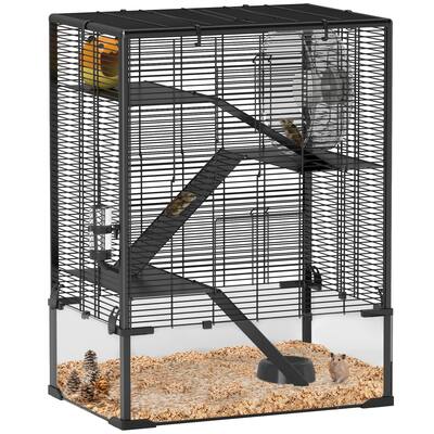 PawHut Large Hamster Cage with Deep Tempered Glass Bottom, 4 Tiers Hamster Tank with Running Wheel, Hut, Water Bottle, Black