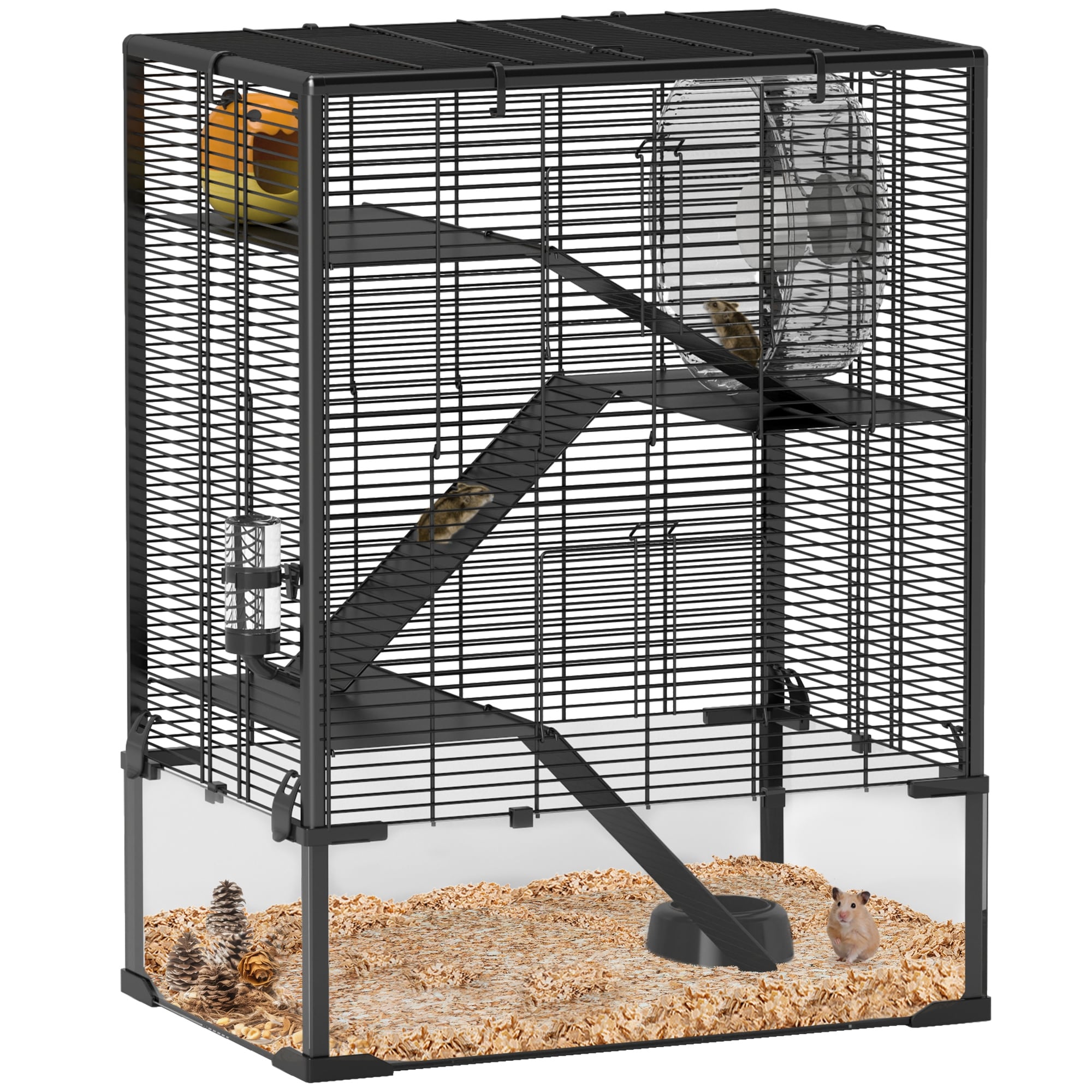 PawHut Large Hamster Cage with Deep Tempered Glass Bottom, 4 Tiers Hamster Tank with Running Wheel, Hut, Water Bottle, Black