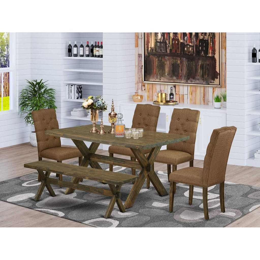 HomeStock 6-Pc Rectangle Distressed Jacobean Finish Solid Wood Top Dining Table with 1-Bench, 4-Chairs