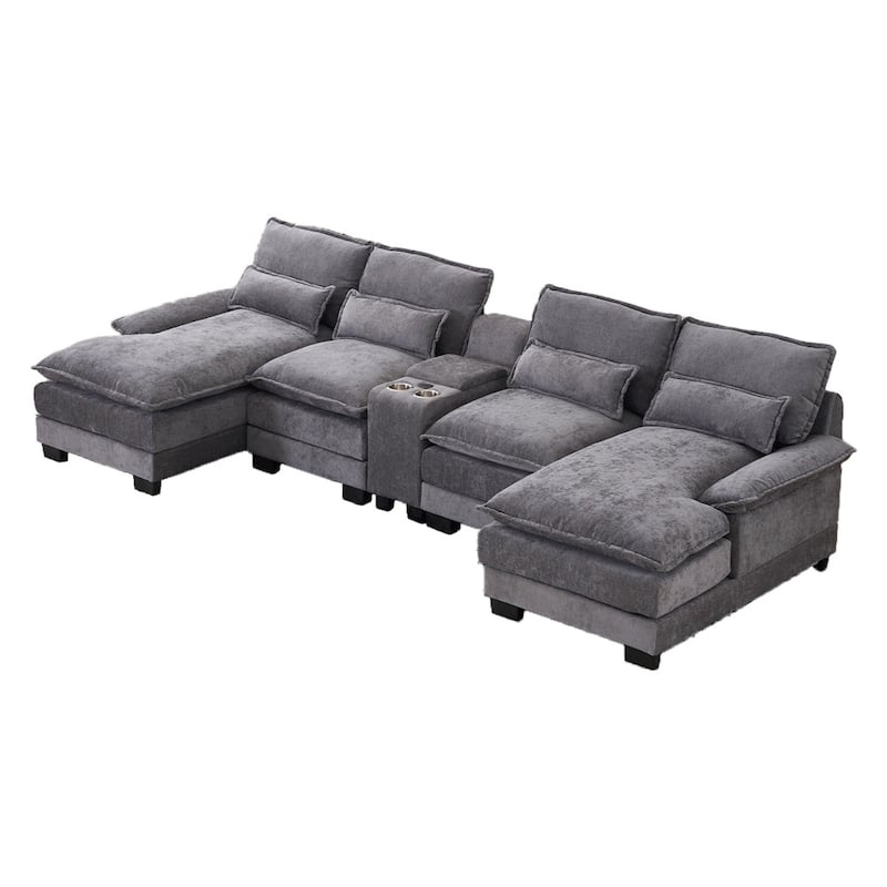 U-shaped Modern Upholstered Sectional Sofa with Storage and Cupholders, USB Ports