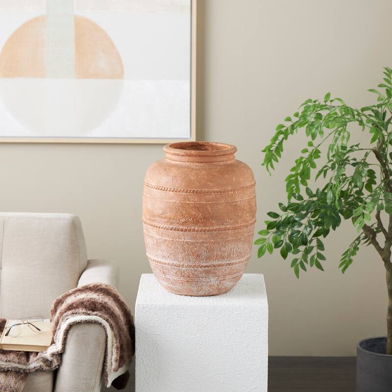 Cream or brown Magnesium Oxide Distressed Vase with Raised Braided Accents - Brown