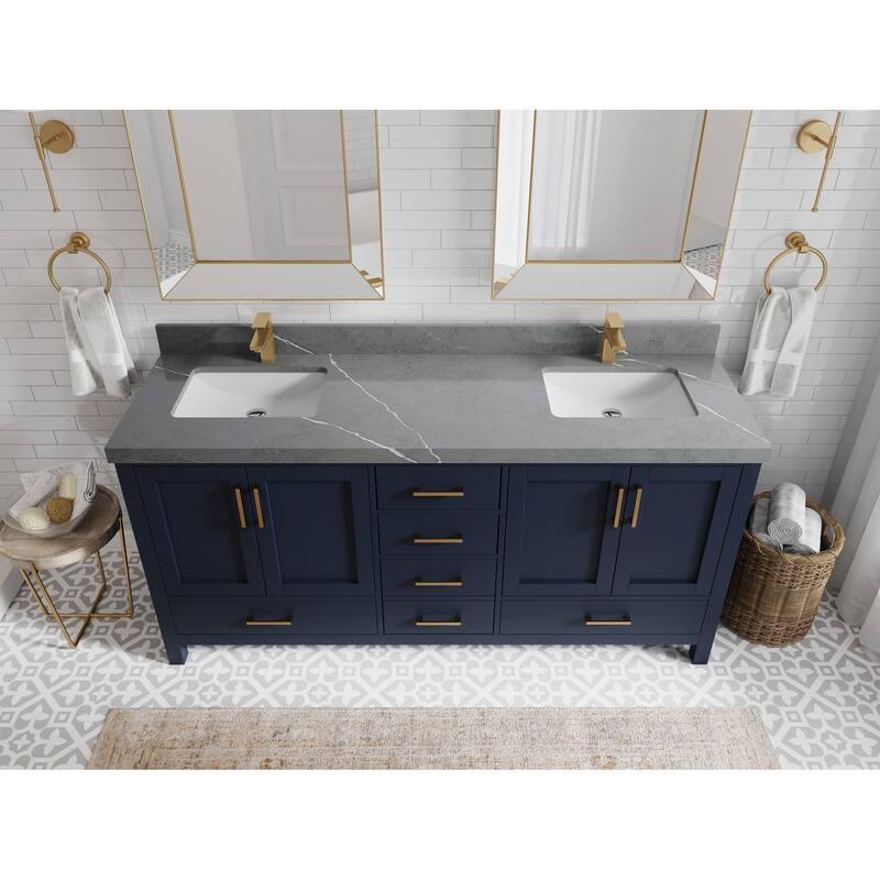Willow Collection 72 in. W x 22 in. D Malibu Double Sink Bathroom Vanity with Countertop - 2" Piatra Gray - Navy Blue