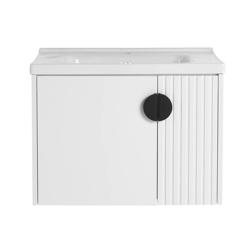 Wall-Mounted Bathroom Vanity with Ceramic Sink, Soft-Close Doors, Unique 3D Wave Design, and Metal Handles - 27.75in L Plywood