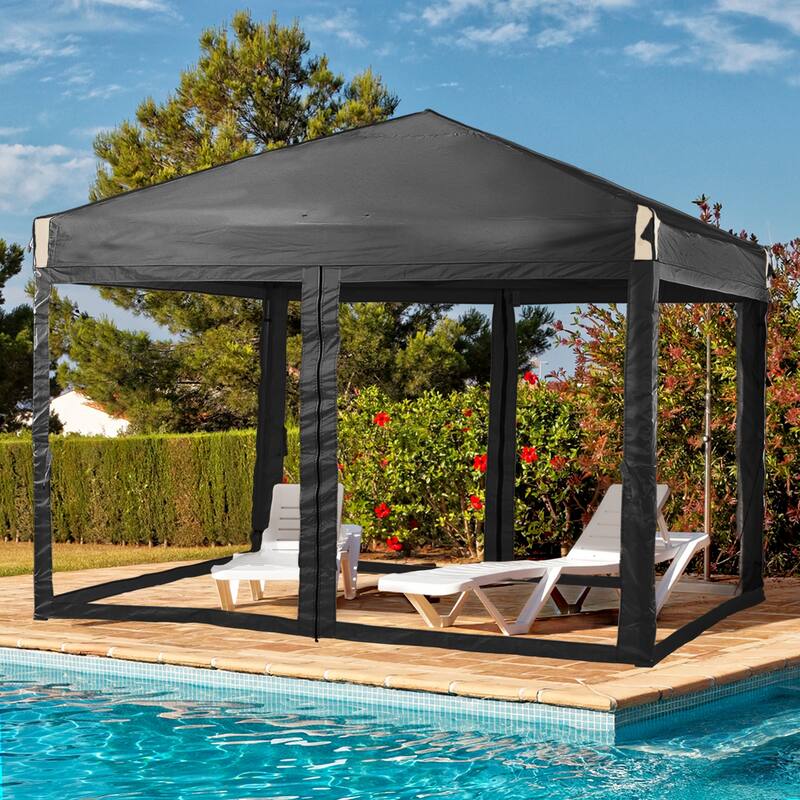 Aoodor 12'x12' Pop Up Canopy Tent with Removable Mesh Sidewalls, Portable Instant Shade Canopy with Roller Bag - Black