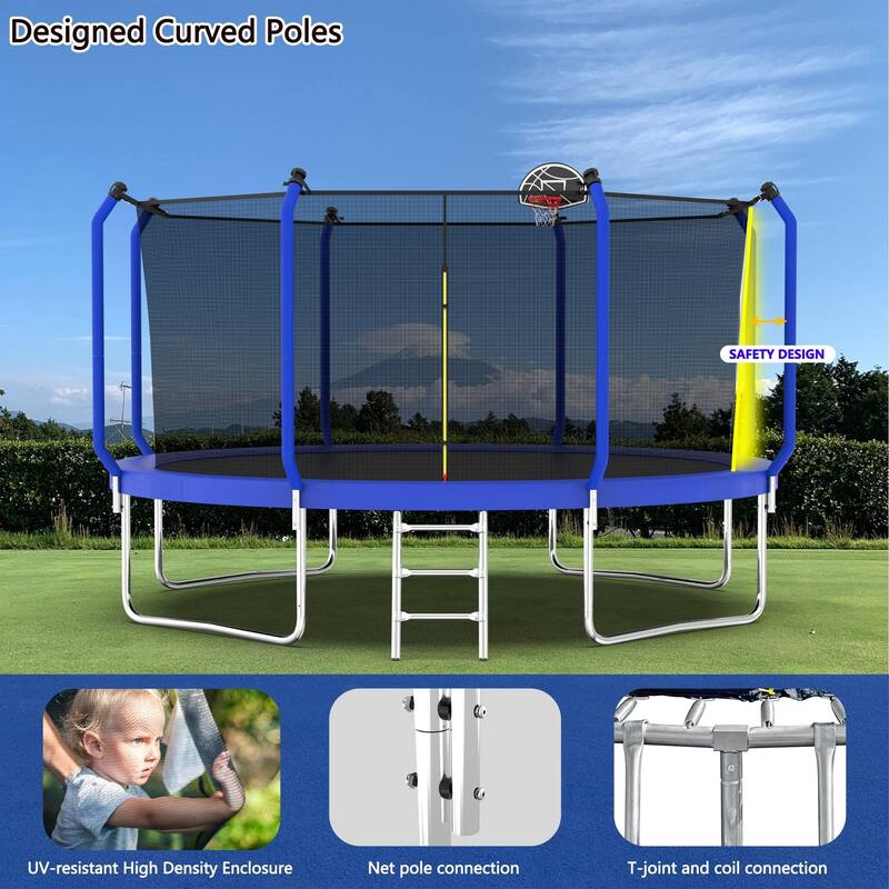 Outdoor Trampoline with Safety Net, Basketball Hoop & Ladder