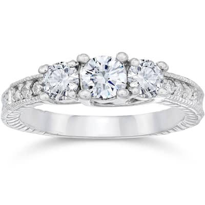 1 Carat Vintage 3-Stone Diamond Engagement Anniversary Ring White Gold
