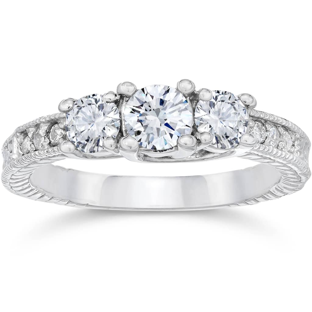 1 Carat Vintage 3-Stone Diamond Engagement Anniversary Ring White Gold