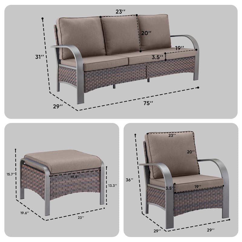 Outdoor 3 Seats Sofa with Ottoman, Club Chairs Furniture Set