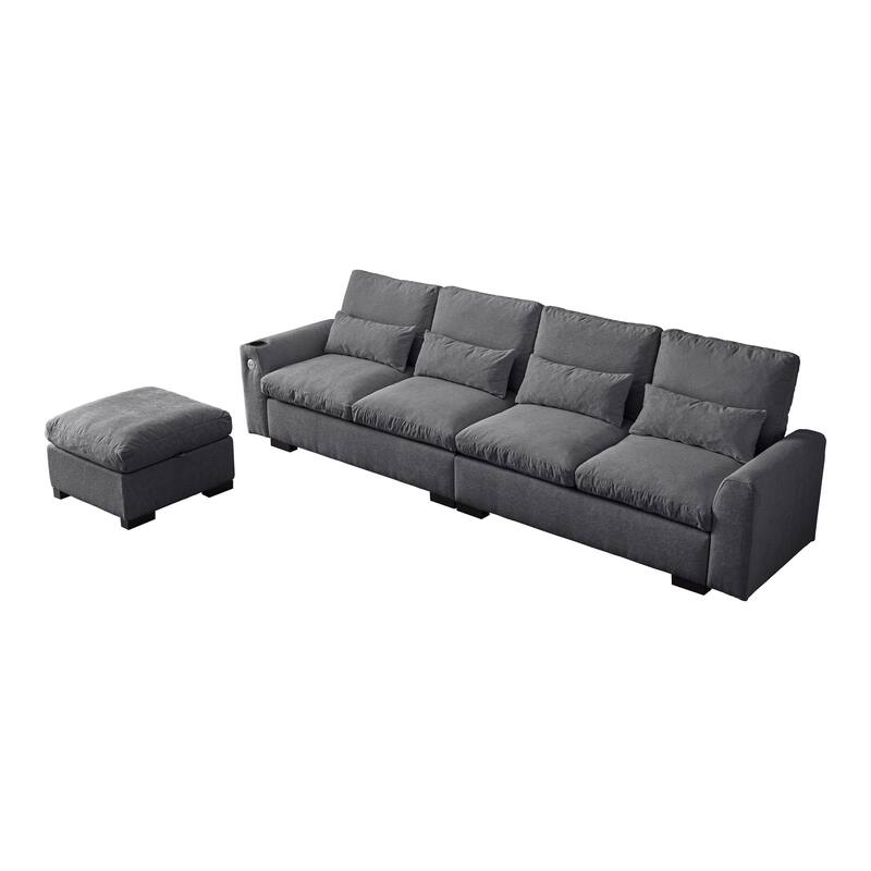 114.5" Modern Modular L Shaped Chenille Sofa with Reversible Ottoman, Storage, USB Ports & Cup Holder in Dark Grey