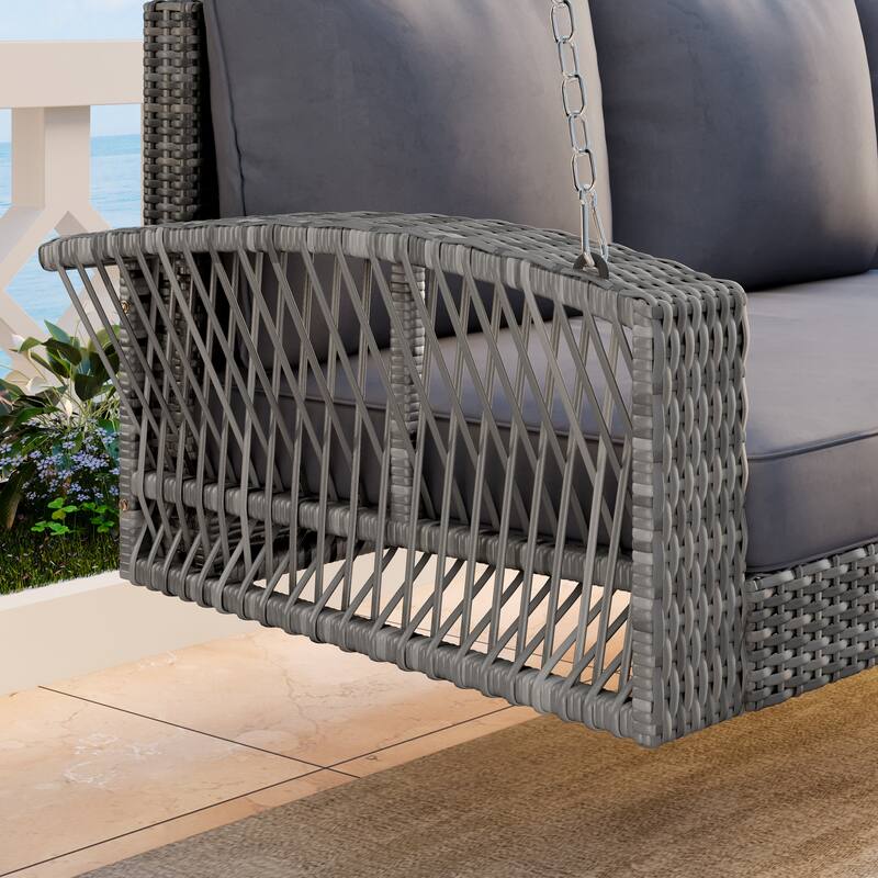 69" PE Wicker 3-Person Porch Swing - Large Outdoor Swing Bench with Cushions & Chains for Garden, Poolside & Patio