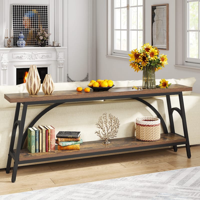 70.8” Extra Long Console Table, Narrow Sofa Tables with 2 Tier Storage Shelves - Brown+Black