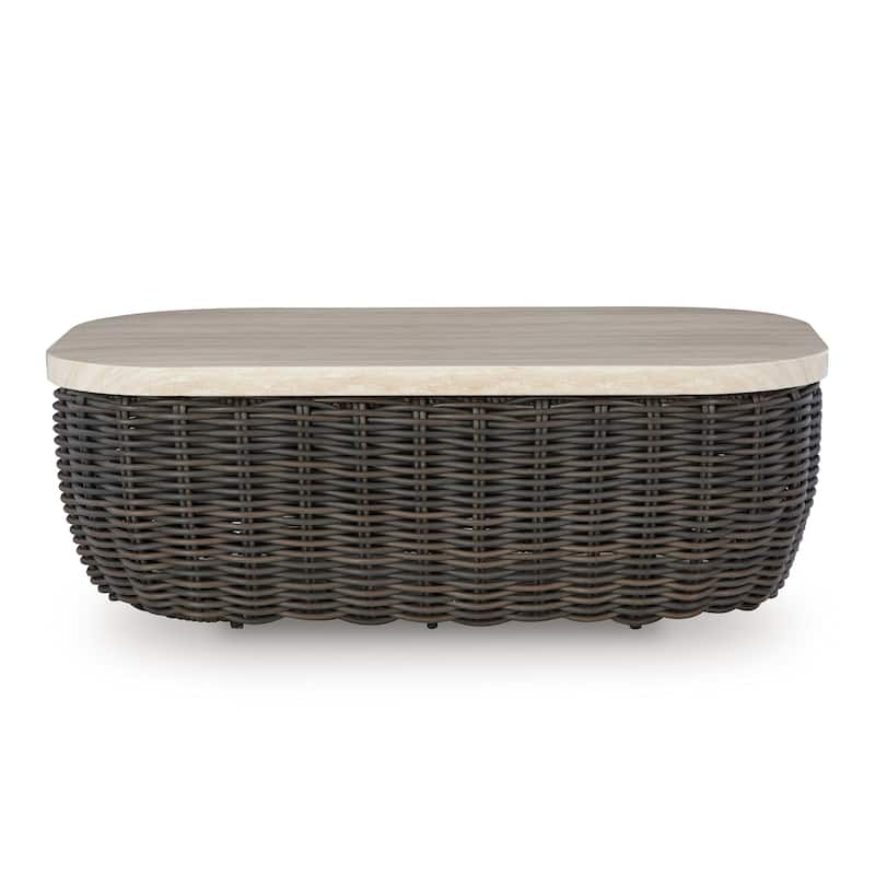 Kimo Outdoor Cocktail Coffee Table, Brown Wicker Details, 50 Inch