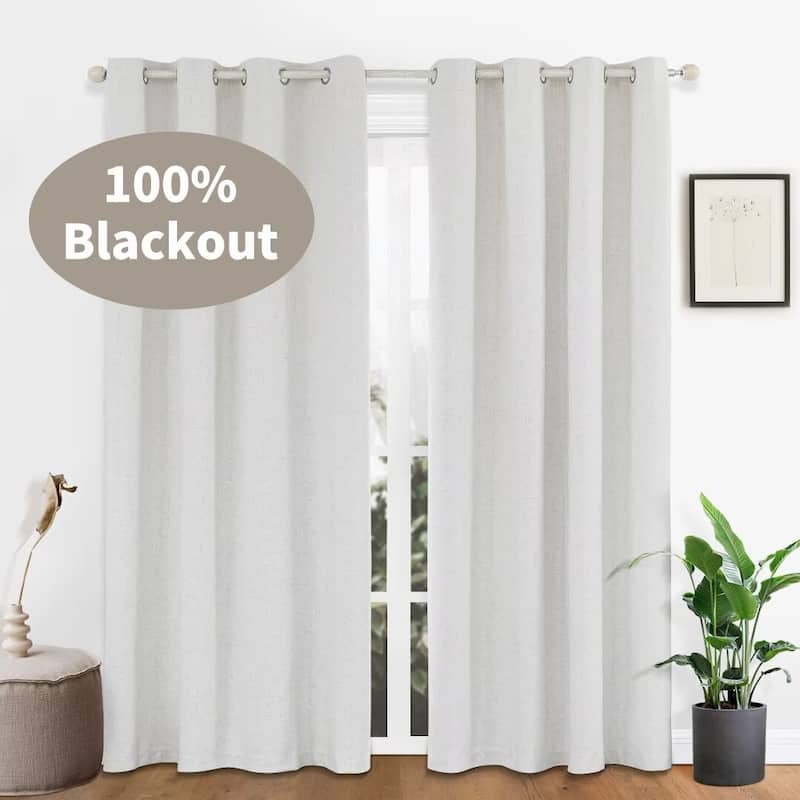 100% Blackout Linen Blend Texture Grommet Curtain Pair(2 panels)