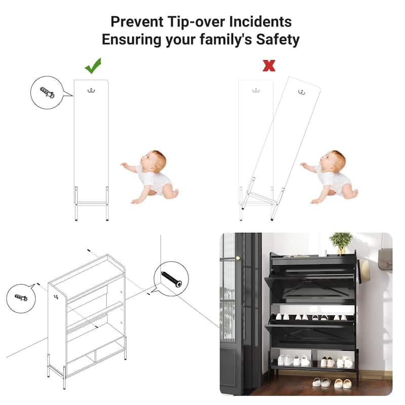 Shoe Cabinet with 2 Flip Drawers and Open Shelves