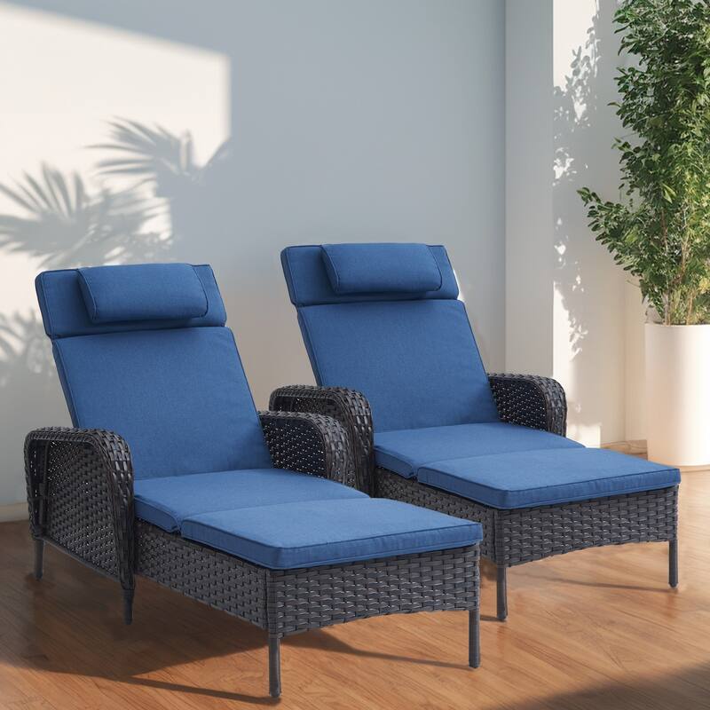 Patio Chaise Lounge Chairs Set of 2 Brown - Blue - Brown-Blue