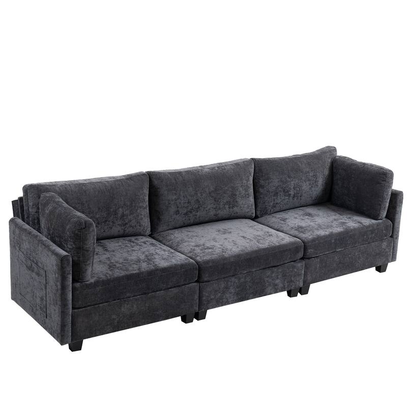 Chenille Upholstered 3 Seater Sofa, Cloud Sofa with 2 Pillows, Deep Seat Sofa with Storage Pocket for Living Room, Apartment