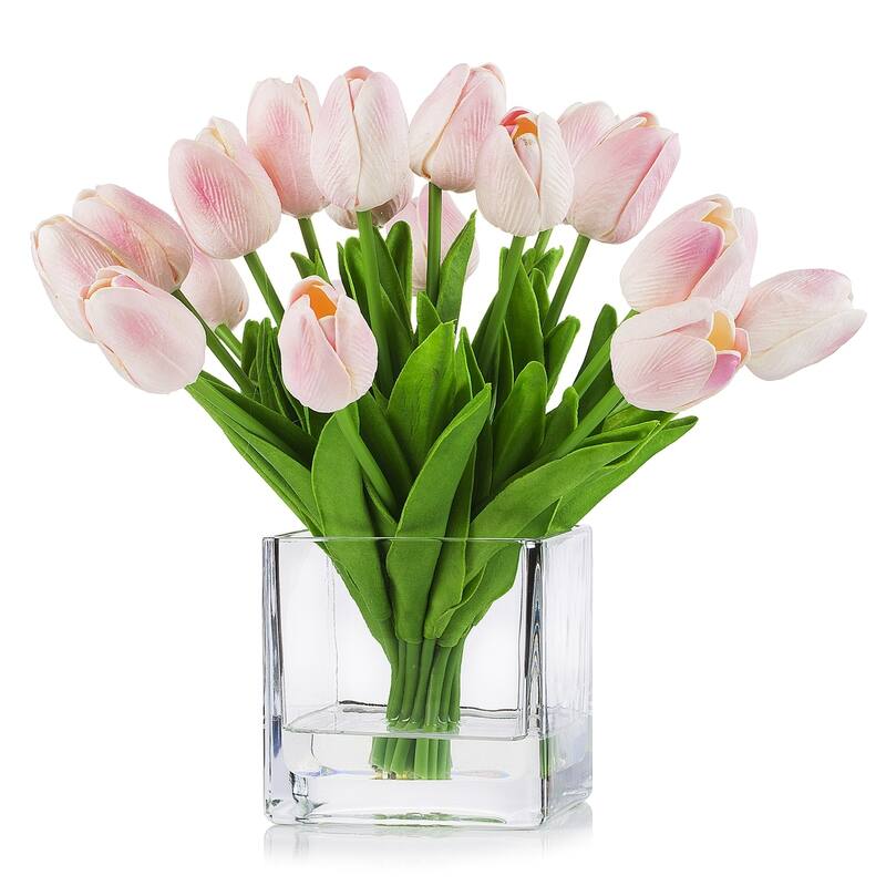 Enova Home 20 Pieces Artificial Real Touch Tulips Fake Silk Flowers Arrangement in Cube Glass Vase with Faux Water - Pink