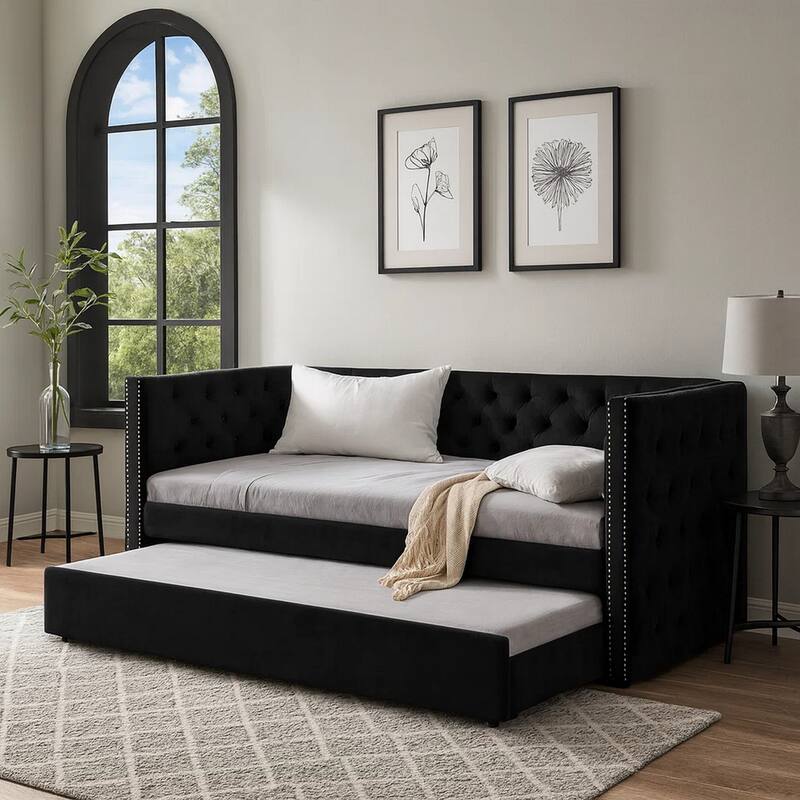 Trace Trundle Daybed, Black Fabric Upholstery, Chesterfield, Nailhead Trim