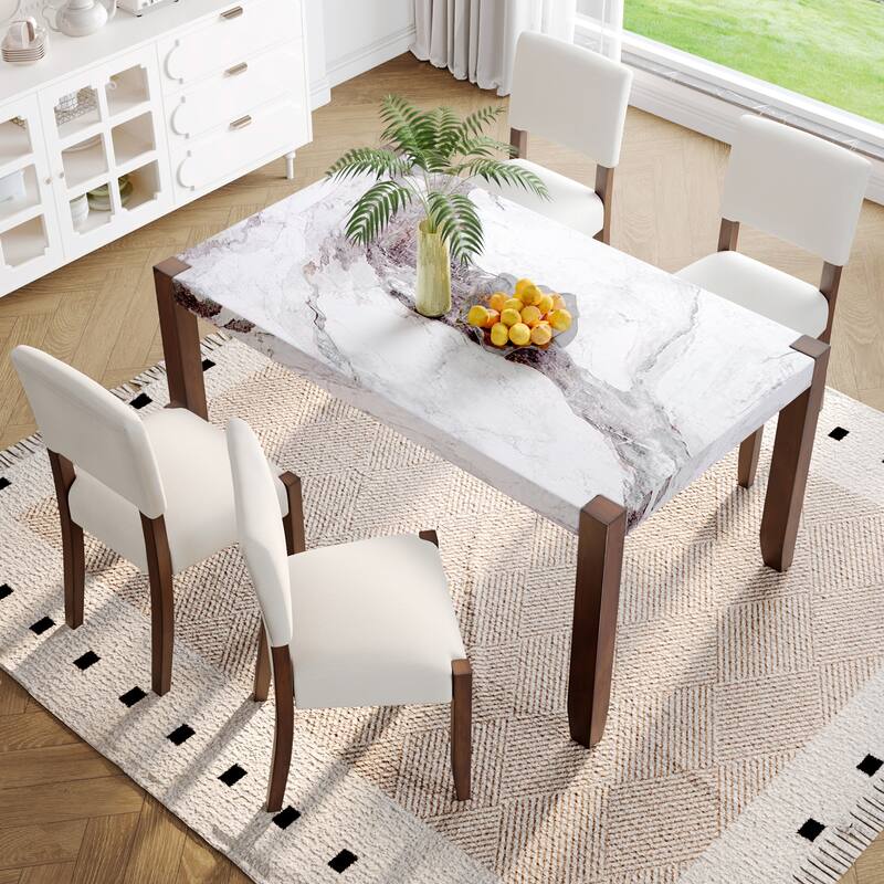Roomfitters 5-Piece Dining Table Set for 4, Faux Marble Kitchen Table with Upholstered Chairs, Dining Room Furniture Set - Beige+Brown,White