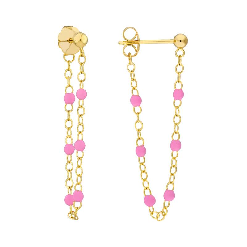 Curata 14k Yellow Gold Front To Back 6 Beads Light Pink Enamel Earrings