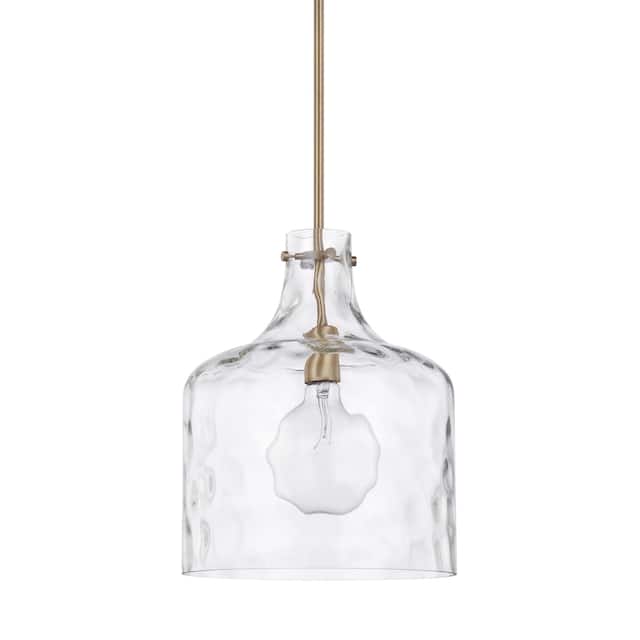 1-Light Clear Water Glass Shade Pendant - Aged Brass