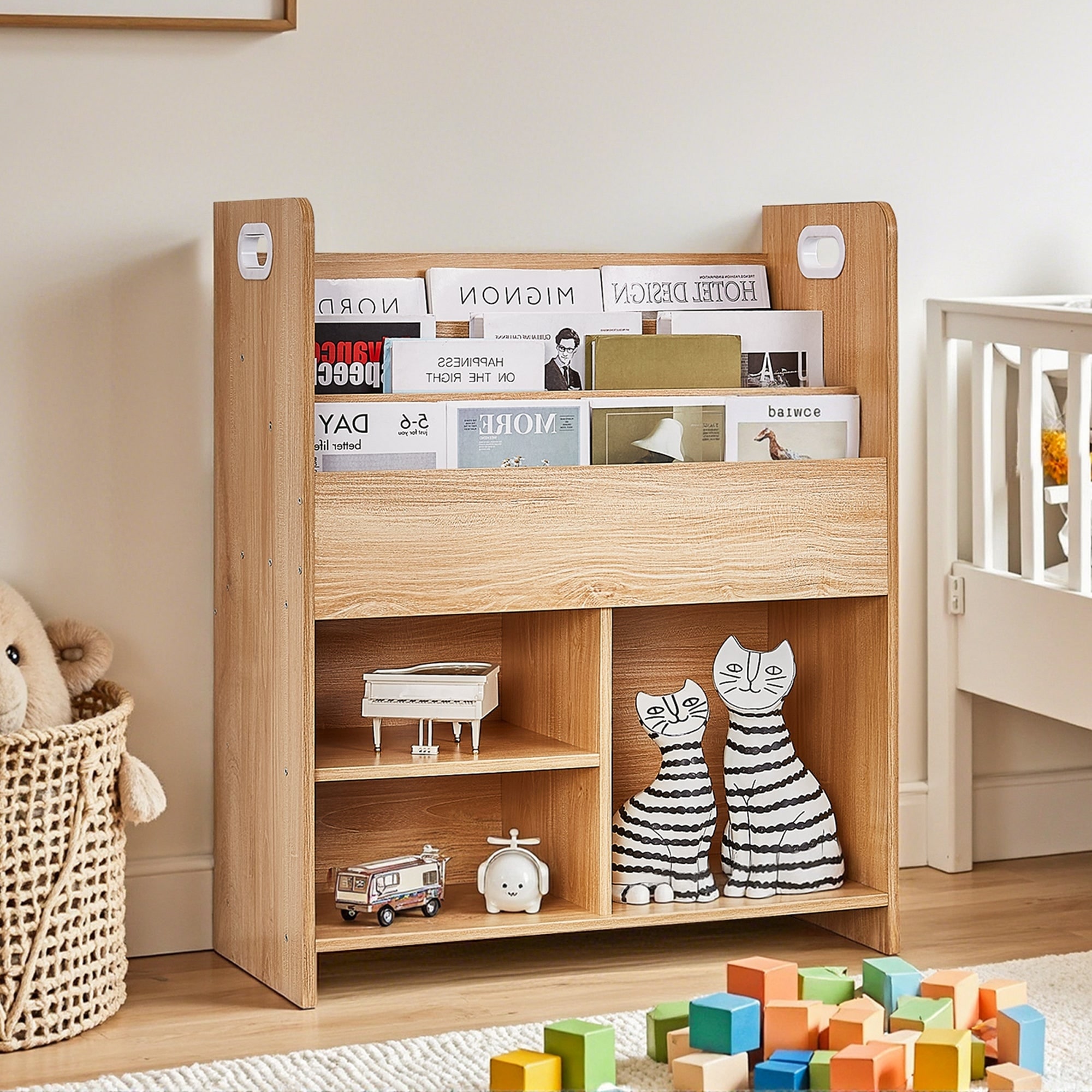 VECELO 29.53" Kids Bookshelf with Handles Irregular Storage & Magazine Rack 3-Tier Lower Compartments for Bedroom Kids Room
