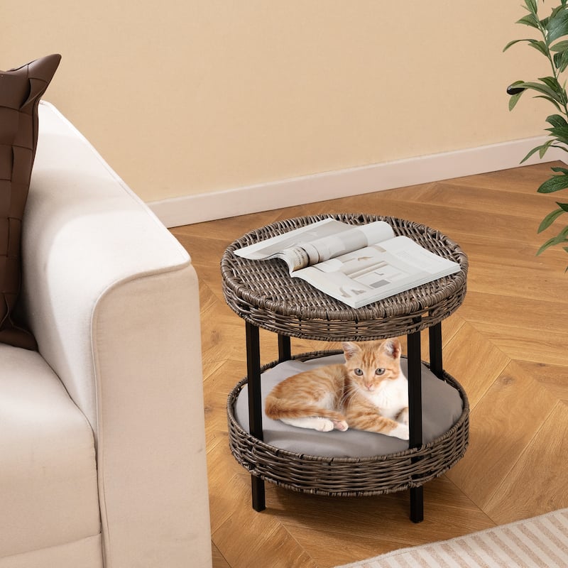 2-Layer Grey Rattan Cat Bed, Indoor Outdoor Pet Nest with Comfortable Washable Cushion - 15" x 15"