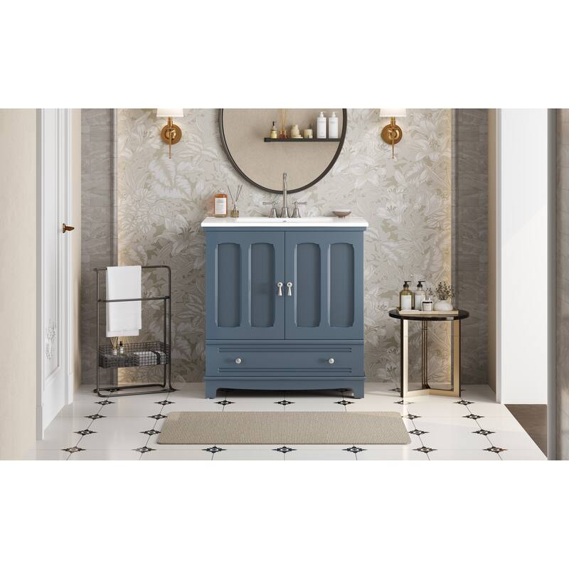 GDFStudio - Bramshire Modern Bathroom Vanity with Ceramic Sink, Solid Wood Feet, Drawer with Divider & Adjustable Shelf - 30'W