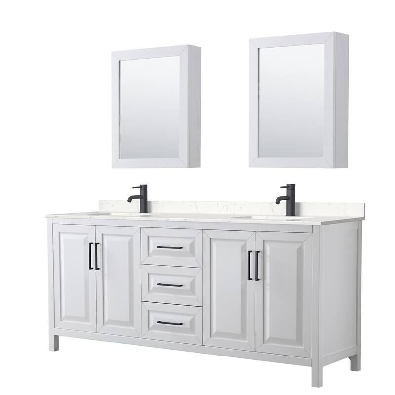 Wyndham Collection Daria 80" Free Standing Double Basin Vanity Set - White / Carrara Cultured Marble Top / Matte Black