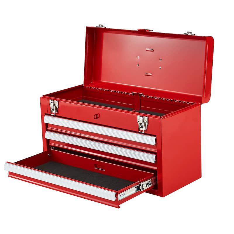 20.5 Inch Red Portable Metal Toolbox with 3 Storage Drawers and Auto Locking System - 20.5 x 8.6 x 12 in