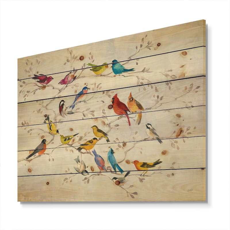 Designart 'Multi-Color Bird on Tree' Modern Farmhouse Print on Natural Pine Wood - Multi-color