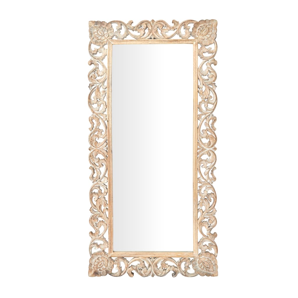 Mango Wood Floral Intricately Carved Wall Mirror - Light Brown - Roche River Decor - 2"W x 36"L x 72"H